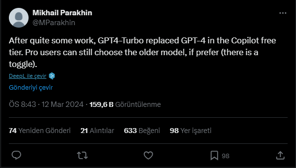 Mikhail Parakhin Copilot ücretsiz GPT-4 Turbo duyurusu